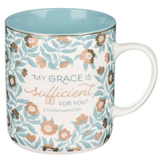Keramický hrnek + text -Sufficient Grace Teal ? 2 Cor 12:9