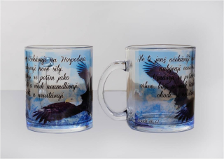 skleněný hrnek  plus text